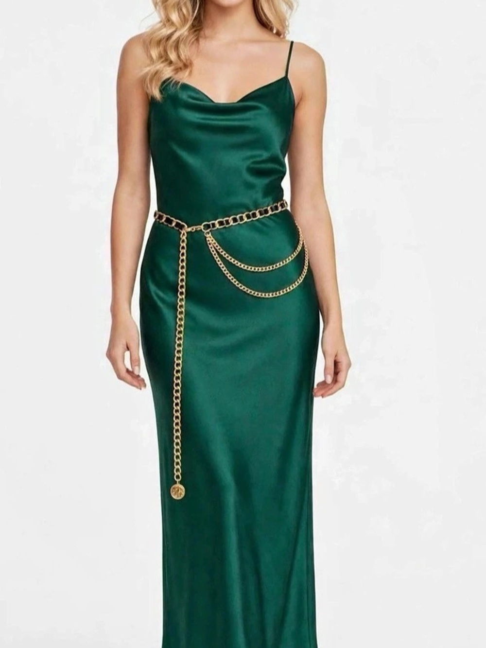 Title:
Gold Tone Chain Waist Belt with Draped Chains and Coin Pendant